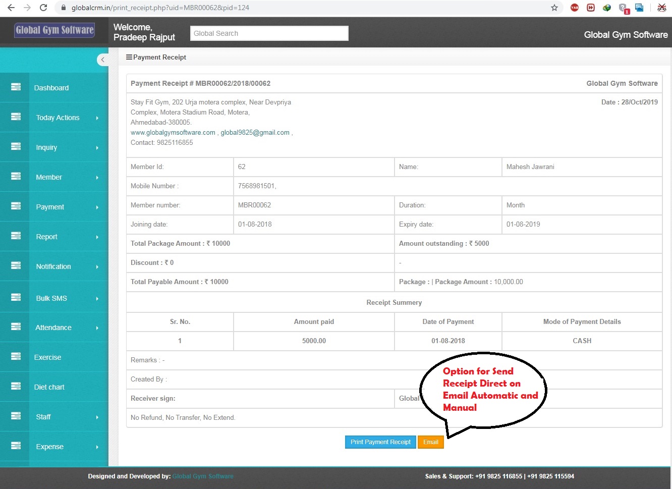 payment receipt gym software